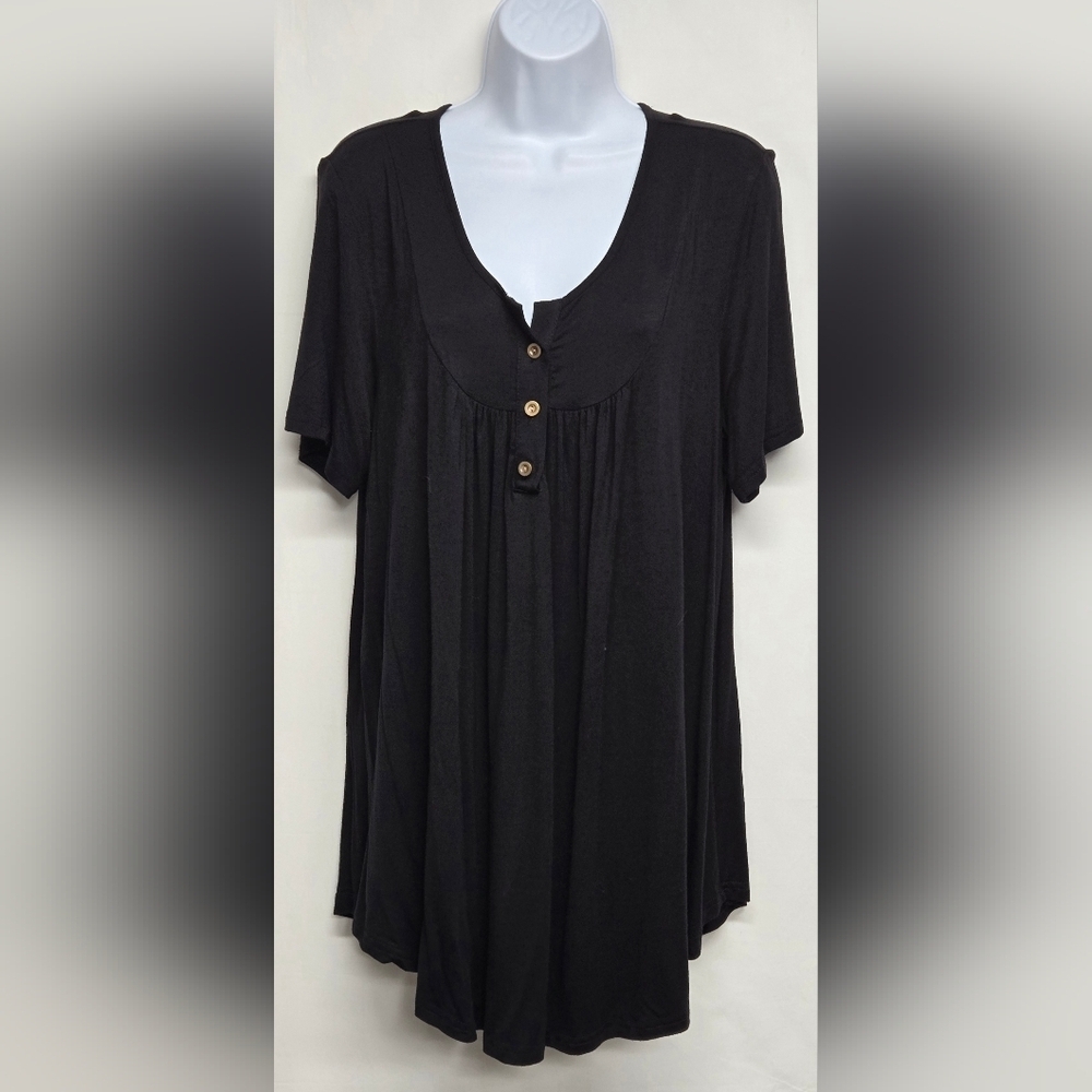Popyoung 2X Black Slinky Stretch Knit Pullover Top Henly Style Short Sleeve